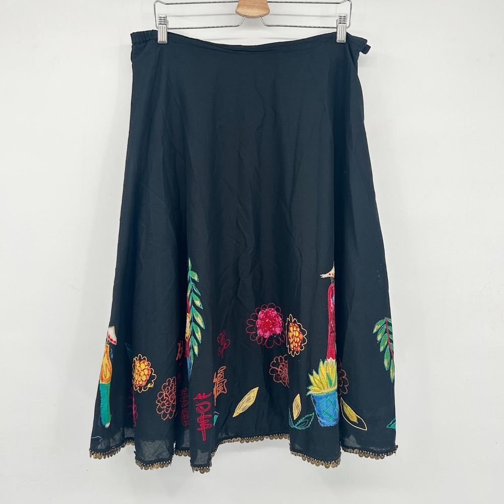 Chicos Womens Embroidered Folk Art Asian Inspired Garden Midi Skirt Size 2 / L